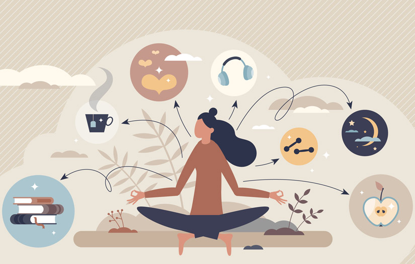 digital illustration; flat looking design of girl meditating about routines and rituals - rut