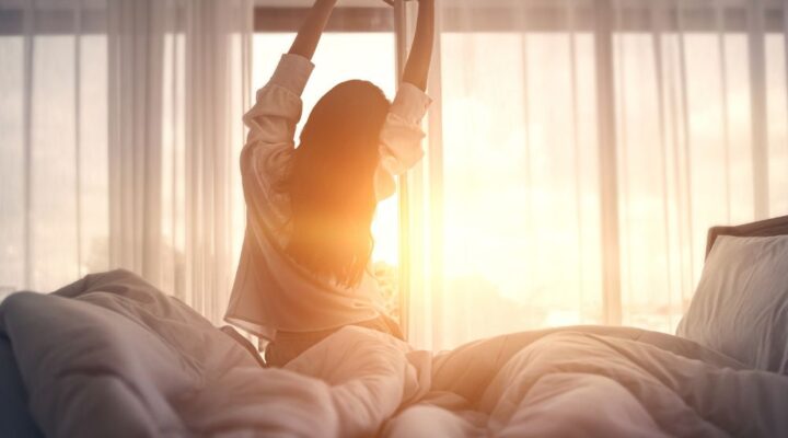 Woman stretching in bed at sunrise, with soft morning light filtering through sheer curtains, creating a calm and peaceful atmosphere.
