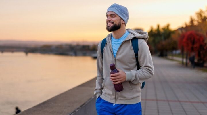 Man walking outdoors at sunset with a water bottle and backpack, smiling and looking relaxed.