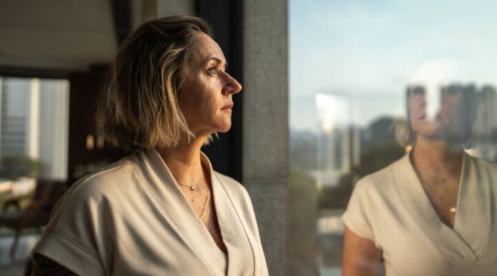 A woman stands by a window looking outward with a thoughtful expression, her reflection visible in the glass.